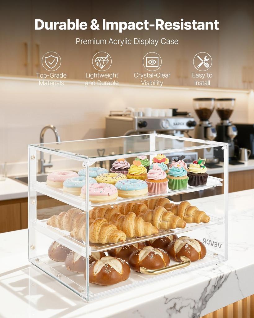 Bakery Display Case, 3-Tier Commercial Countertop Pastry Display Case, Clear Acrylic Bread Box for Kitchen, Party Cake Cabinet with Flip-Up Door for