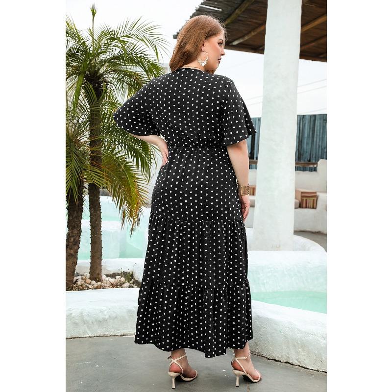 Plus Size Women's Big Size Polka Dot Casual v-Neck Elegant Hem Midi Dresses