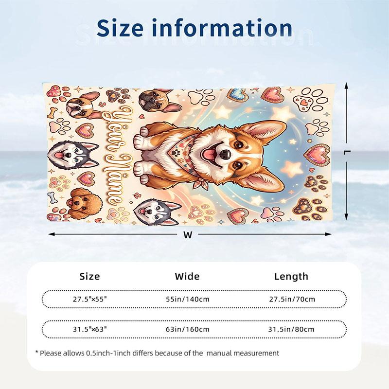 Dog Theme Beach Towel Personalized Custom Name & Text Soft Quick Dry Beach Towel for Swimming Travel