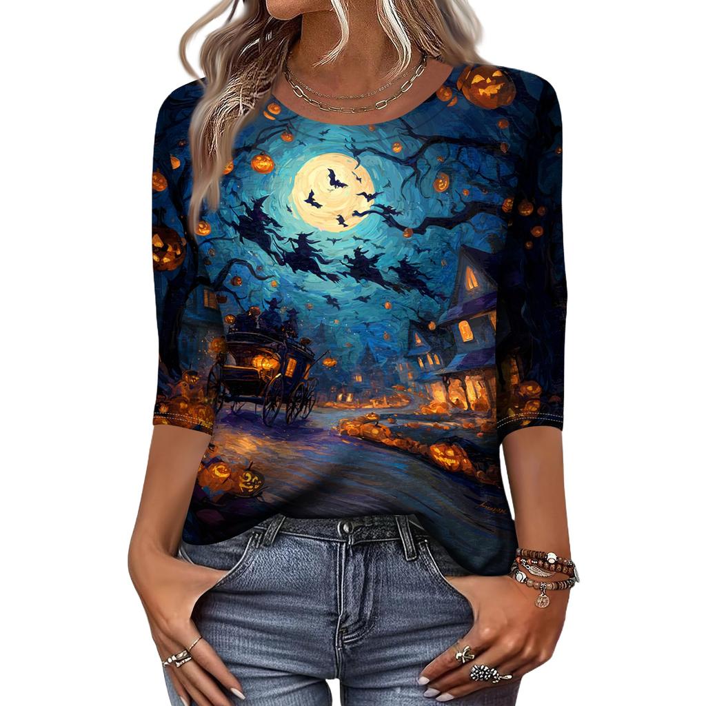 Women's Halloween Print Shirt Three Quarter Sleeve Round Neck Loose Casual Blouse T Shirt Suitable for Seasonal Wear and Everyday Use