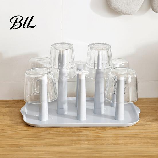 Home Cup Organizer 6-Slot Plastic Drying Rack with Drip Tray Space-Saving Anti-bacterial Holder Countertop for Mugs Glasses BPA-Free Kitchen