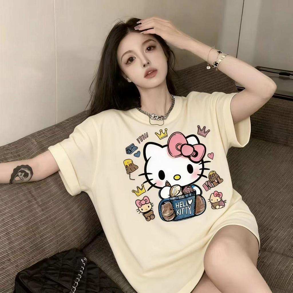 Hello Kitty Short Sleeve Tee soft cotton casual crew neck cute cartoon print lightweight summer top for Women daily wear