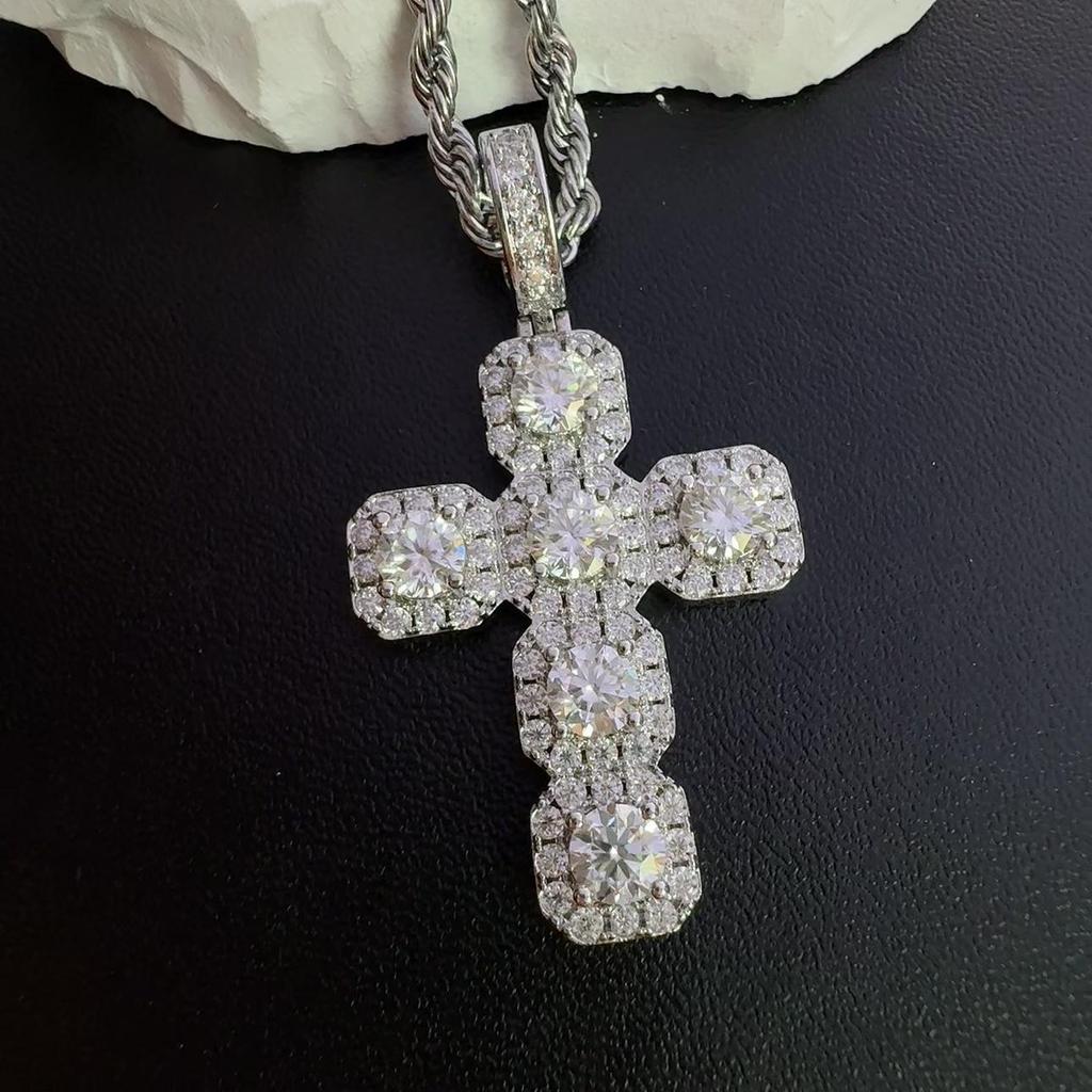 Iced Out Cushion Cross Pendant Necklace Moissanite Gold Plated Copper Hip Hop Jewelry For Men Women