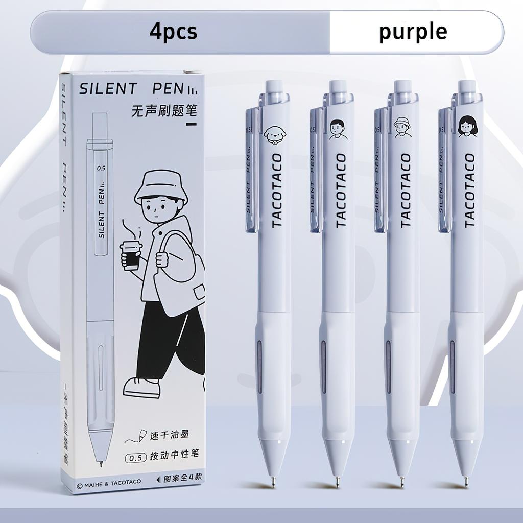 4pcs Silent Pens Set Cartoon Design TacoTaco 0.5mm Ballpoint Black Color Quick-dry Gel Ink for Writing Office School A3015