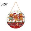 Waterproof Holiday Porch Sign Christmas Hanging Sign, Round Wooden Welcome Cute Dog Gingerbread Front Door Man for Wall Decor
