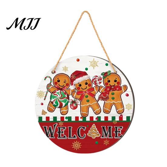Waterproof Holiday Porch Sign Christmas Hanging Sign, Round Wooden Welcome Cute Dog Gingerbread Front Door Man for Wall Decor