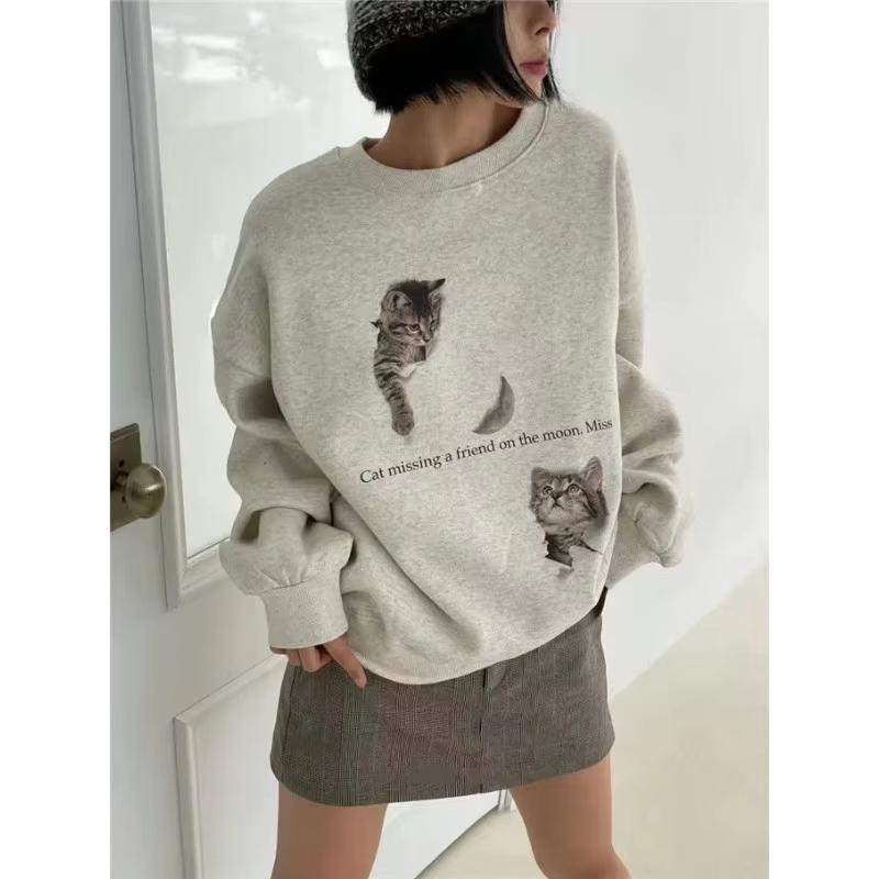 Cat Printed Round Neck Women's Hoodie Long Sleeved Loose Fitting Woman Pullover Autumn New Fashionable Versatile Top