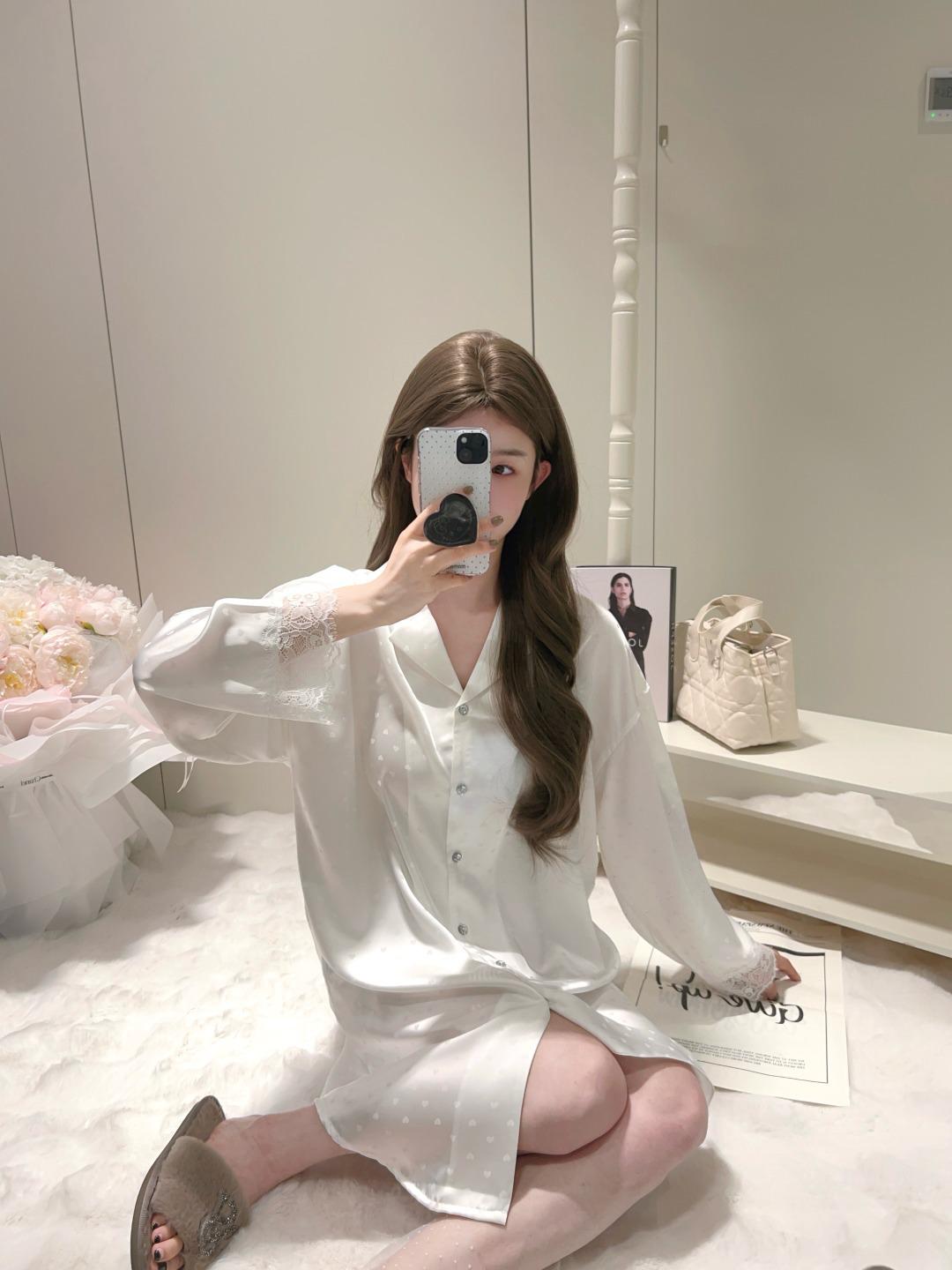 

Women s Ice Silk Lace Shirt Dress: Long Sleeve, Hollow, Sexy Spring/Autumn Homewear. One Size