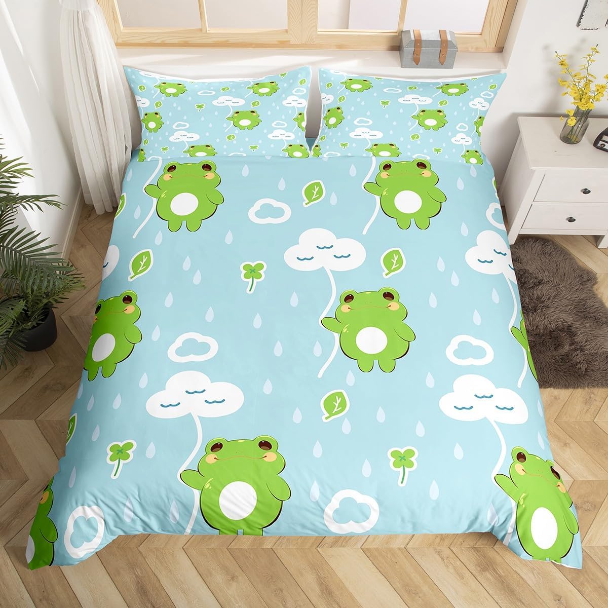 

Lovely Frog Soft Duvet Cover Ful Quen,Carton Animals Theme Beding Set Kawai Frog Warm Comforter Cover Watercolor Plants Comfortable Quilt Cover 120*200cm Single