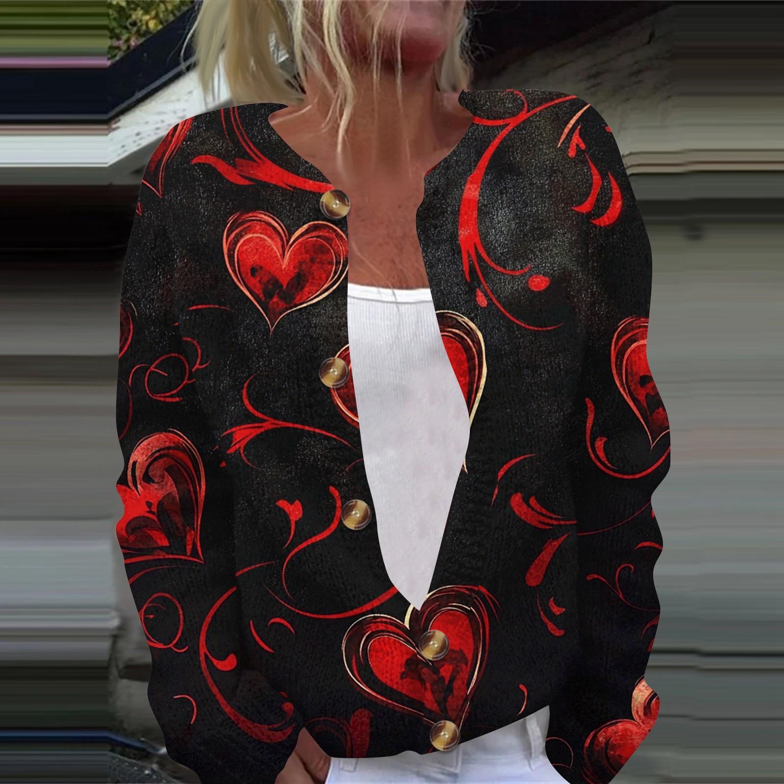 

Женская мода День святого Валентина Сердце Принт Длинный рукав Вязаный кардиган Куртка на пуговицах XL красный