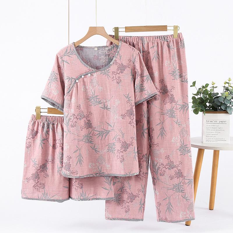 Pajamas women's retro long-sleeved trousers pure cotton double-layer cotton yarn-dyed spring and autumn simple skin-friendly casual loose loungewear