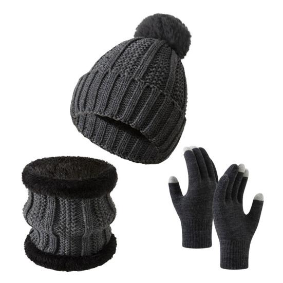 3Pcs/Set Winter Knitted Scarf Gloves Set Pom Pom Ball Fleece Lining Brimless Hat Touchscreen Gloves Neck Warmer Set