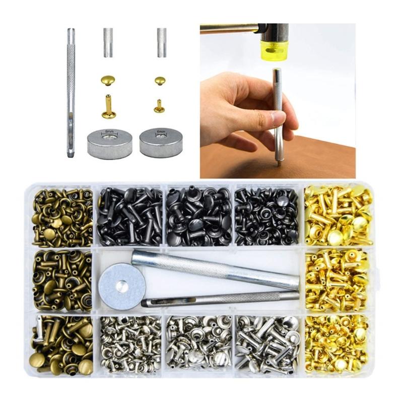 180Sets Leather Rivets Double Caps Rivets Tubular Metal Studs with 3 Setting Tool Punch Plier for Leather Craft Repair
