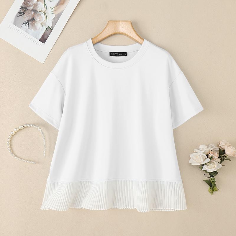 ZANZEA Women Casual Round Neck Short Sleeve Splice T-Shirts