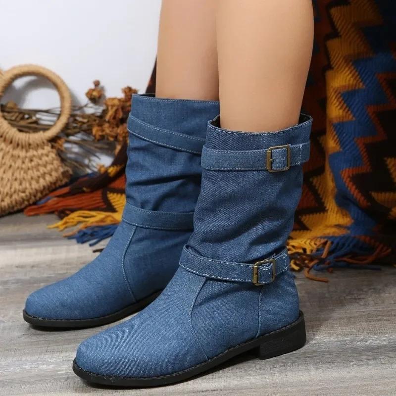 Elegant Minimalist Women's Mid Calf Boots Fashionable Round Toe Women Platform Shoes Comfortable Solid Color Ankle Boots