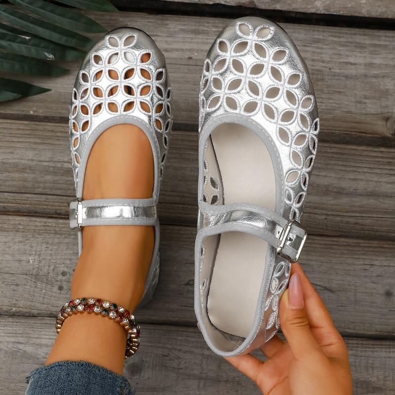 

Women s Hollow Mary Jane Shoes Women s New Summer New One-Word Band Flat Dancing Shoes Retro Hole Sandals Women 43 срібний