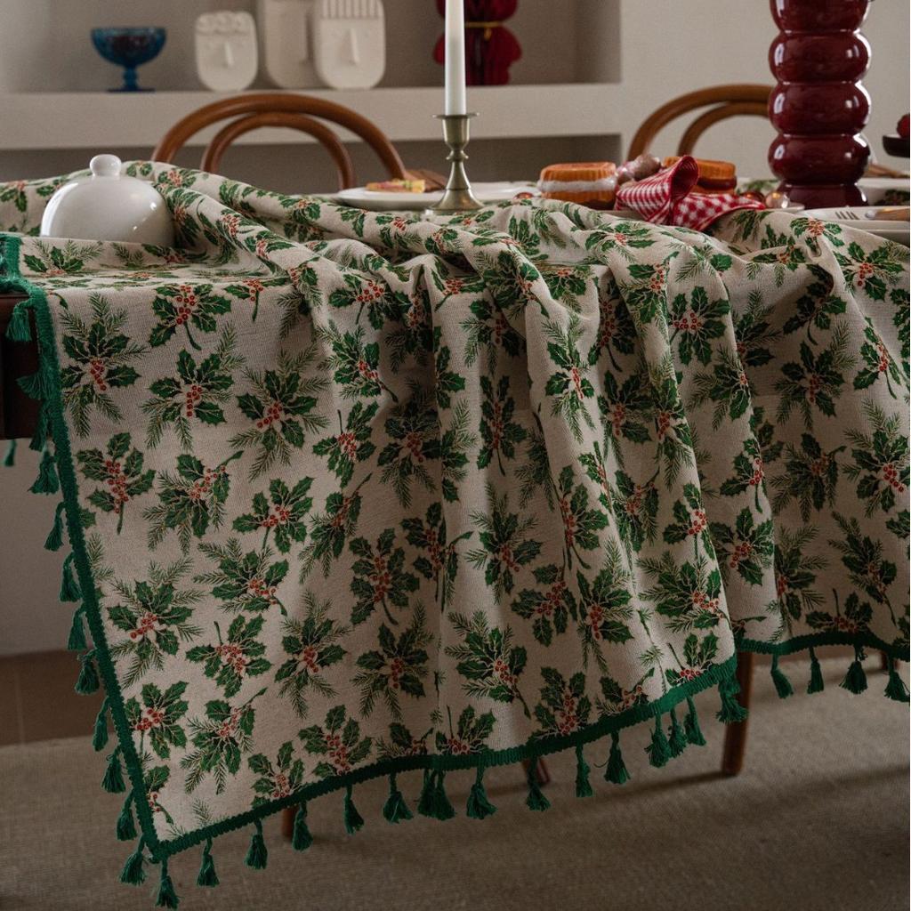 Tablecloth Christmas Holly Leaf Bronzing Berry Print Festive Table Cloth Cover Coffee Table Rectangle