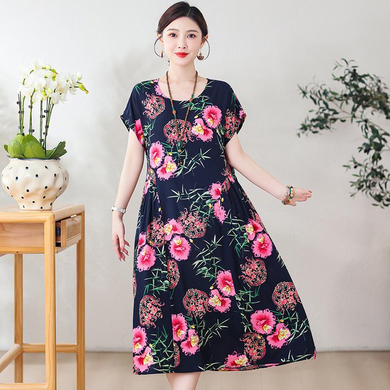 New cotton and silk dress summer large size loose fat mother covering belly and looking thin casual floral long skirt