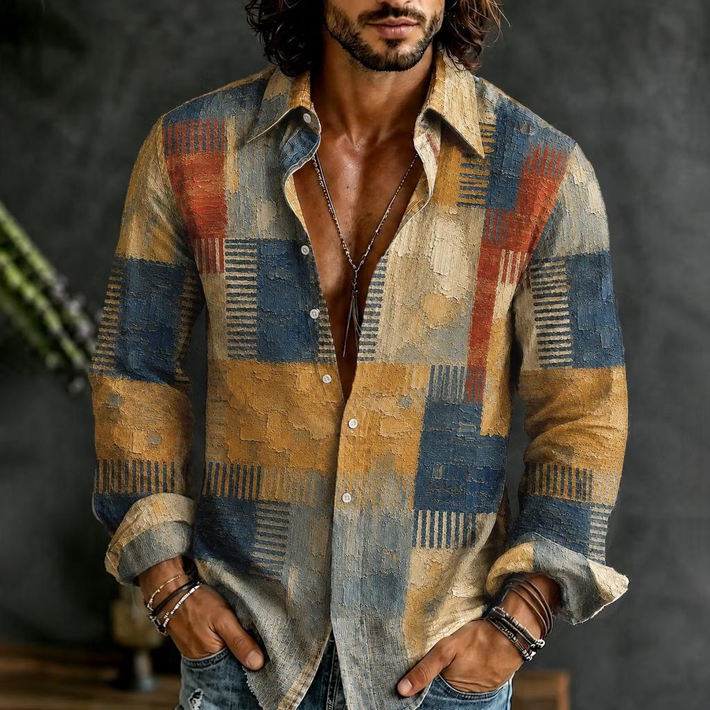 Men's Artistic Wildflower Herbal Long Sleeve Shirt in Rice White Same Color Plant Printed Collar Casual Shirt
