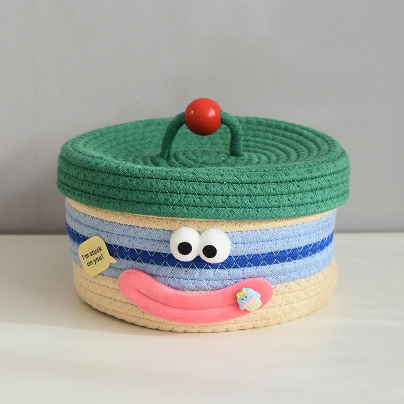 Cartoon Smile Cotton Rope Woven Storage Basket with Lids Desktop Organizers for Sundries Snack Needles Kids Toys Container