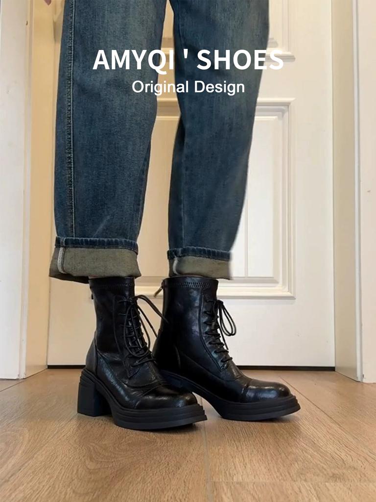 [Fanfna] 2025 new temperament lace-up platform Martin boots for women, retro rear zipper locomotive short boots for women