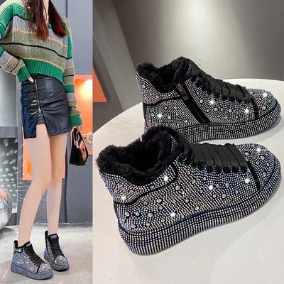 Mode Sneaker Damen Trend Herbst Und Winter Plateau Schnürung Strass Damen Freizeitschuhe Mode Glänzend Damen Damenstiefel