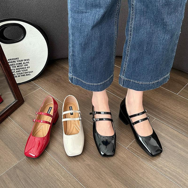Fashion Square Toe Women Elegant Mary Jane Shoes Ladies Fashion Thick High Heel Women's Shallow Red Ballerinas Party Shoes