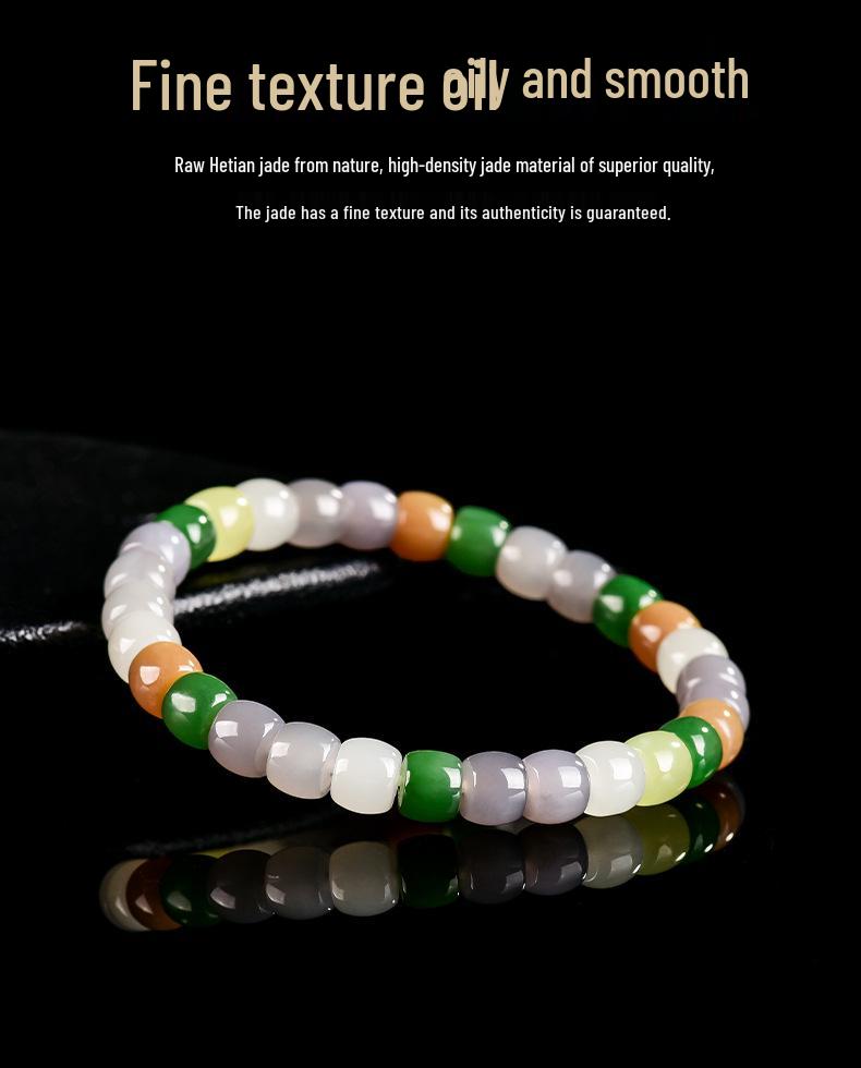 Authentic Hetian Jade Multi-Color Drum Bead Women's Bracelet - New Chinese Style Gift