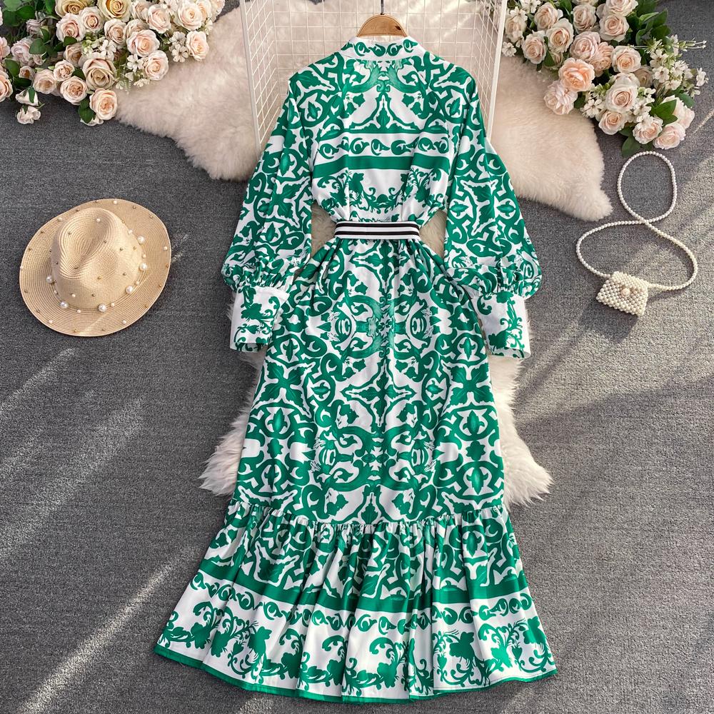 Podzimní móda Bohémský geometrický potisk květin Dlouhé společenské šaty maxi Dámské Popelín Stojánek Límec Lucerna Rukáv Šněrování Šaty na dovolenou