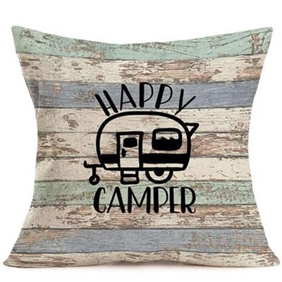 Retro Wood Home Decoration Pillowcase Happy Camper Decoration Pillow Cover Linen Square Cushion Cover