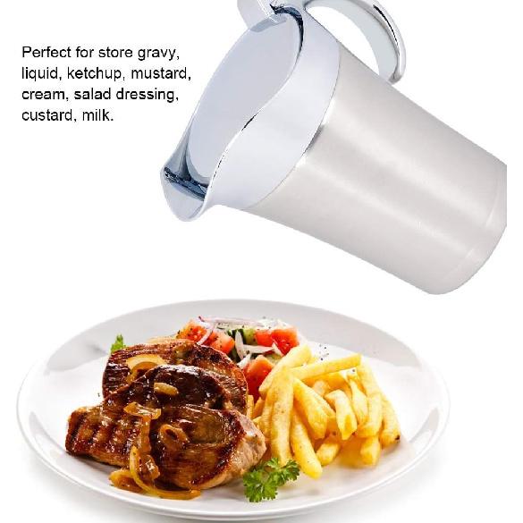 450ML/750ML 304 Stainless Steel Thermal Sauce Pot, Double Wall Insulated Gravy Boat Pot with Lid Serving Jug Bucket with Non-drip Spout for Juice