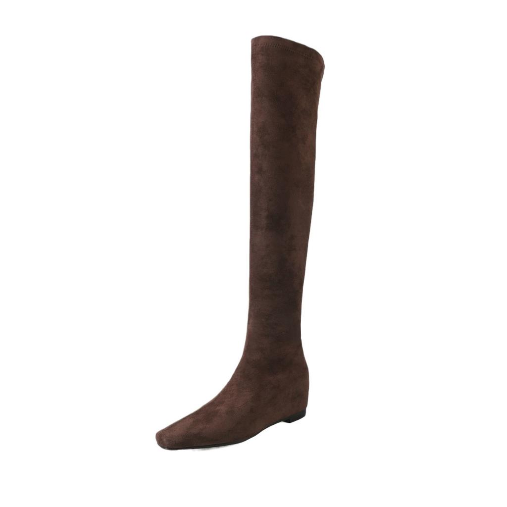Inner height increase over knee elastic boots women's 2025 autumn and winter new suede square head bag legs thin boots brown thin boots