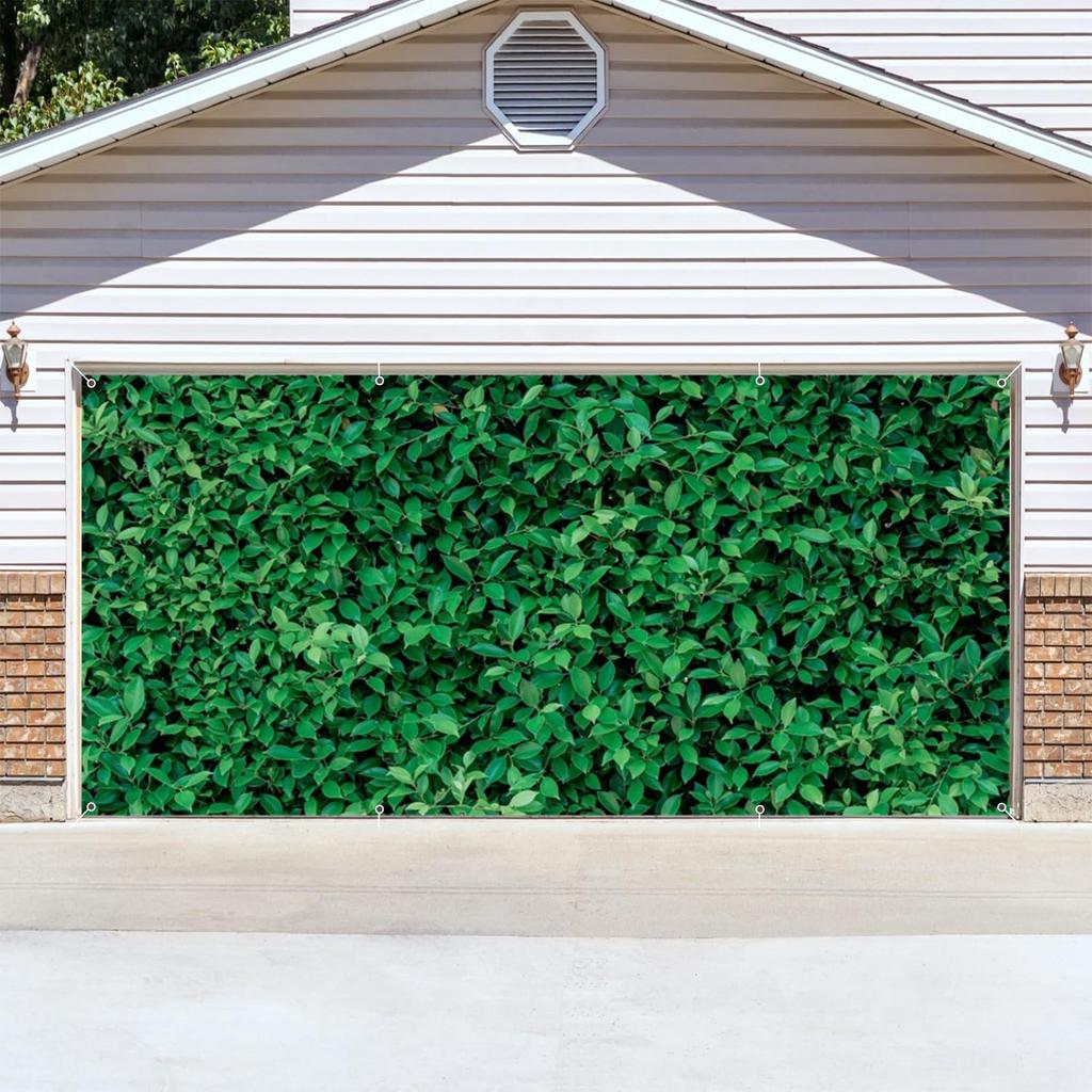 Leowefowa 16x7ft Green Leaves Garage Door Cover Grass Backdrop Greenery Circle Backdrop Stand Yard Garage Background Decoration Cover Outdoor