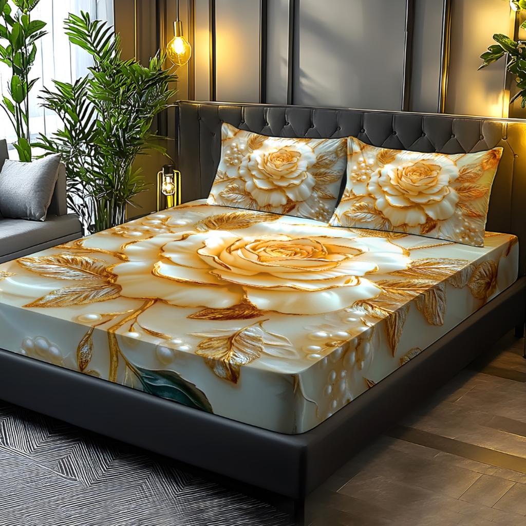 Luxury Golden Rose Fitted Sheet Set 3D Print Pearl Floral Bedding Set Soft Breathable Microfiber Fabric For Women Bedroom Decor