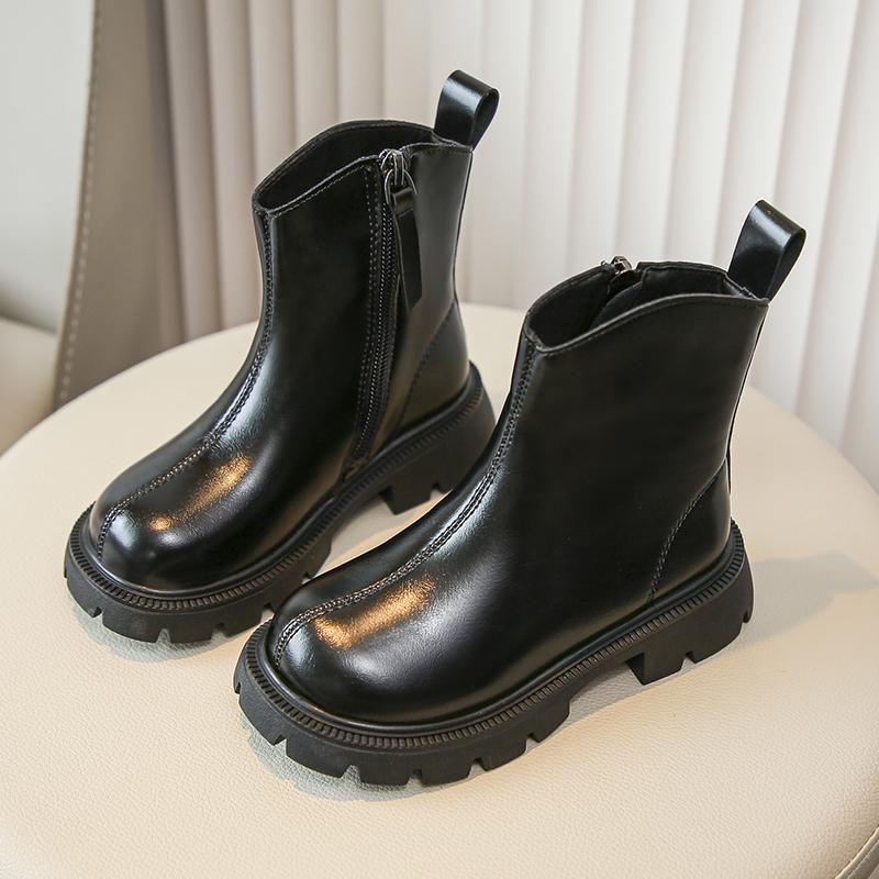 Girls Ankle Boots Side Zipper Children Fashion Leather Boots Non-slip Kids Black Short Boots Anti-Slippery 2024 Winter New