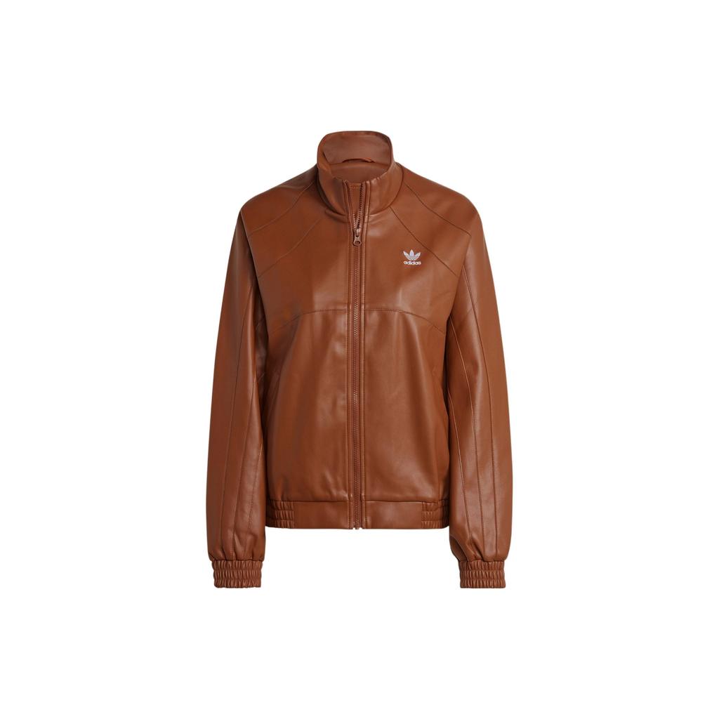 Adidas Originals Trefoil Faux Leather Zip-Up Jacket Women Outerwear Brown II6102