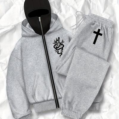 Sweatshirt met capuchon en rits en joggingbroekset | Dubbele halslijn met drakenembleem, elastische tailleband en broek met trekkoord Comfortabele kleding