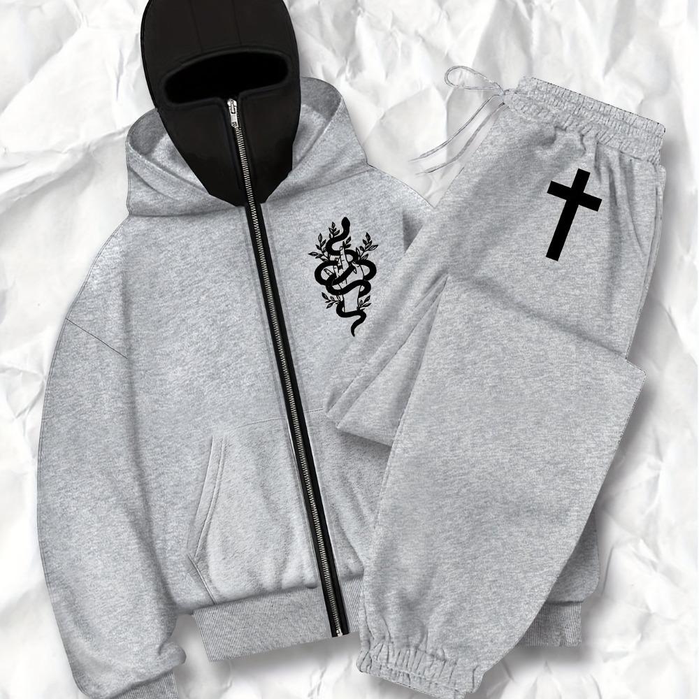 Hooded Zip-Up Sweatshirt and Jogger Set | Double-Neck Design with Dragon Emblem, Elastic Waistband, and Drawstring Pants Comfortable Clothing