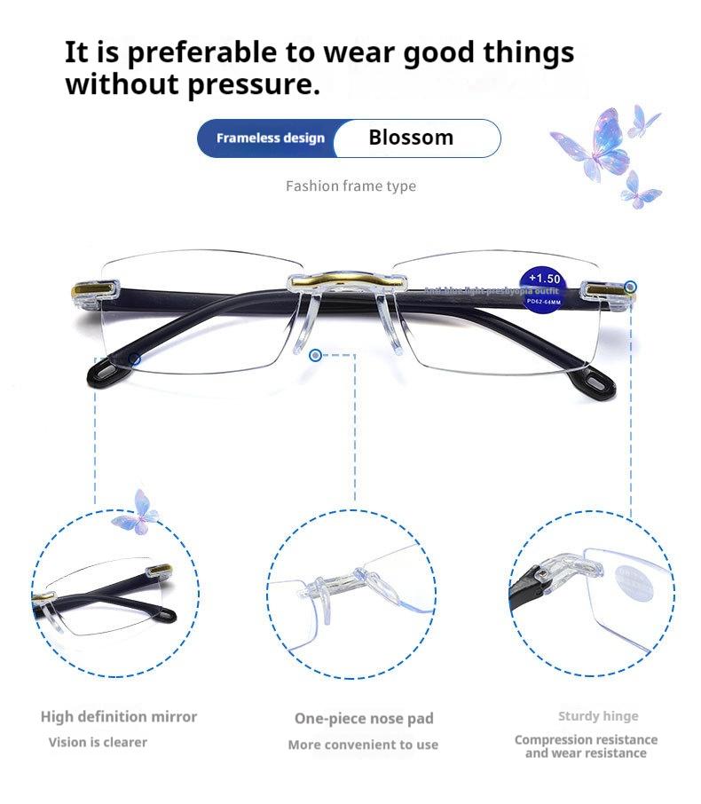 2025 New Frameless Minimalist Hot Stamping Cut Edge High-Definition Anti Blue Light Reading Glasses With Presbyopia Display