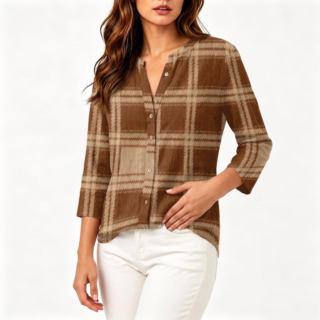 Women's Cotton Linen Shirt with Printed Pattern, Three-Quarter Sleeve Casual Blouse for Everyday Wear