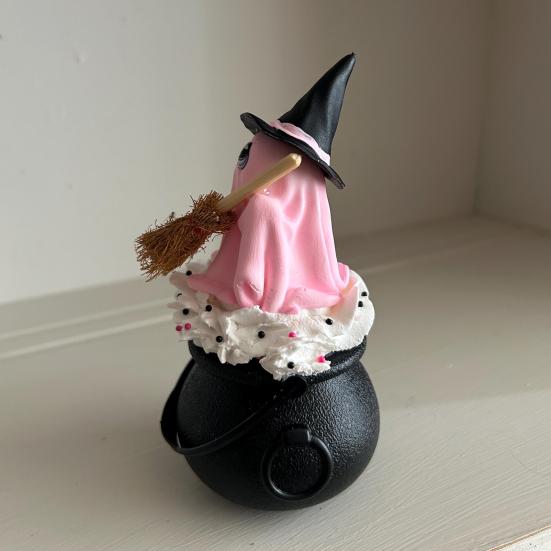 Witch Hat Ghost Cauldron Figurine Halloween Cartoon Ghost Cauldron Statue Sculpture Holiday Party Desktop Decoration Ornament