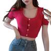 Square Neck Knit Bottoming Shirt Female Summer Short-sleeved Sexy Cardigan Dew-waisted Versatile Top Slim Casual Essential Slim Fit Pullovers Tees