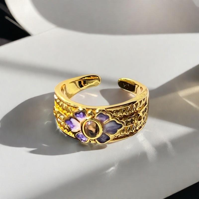 Violet Purple Enamel Drip Open Ring Medieval French High Sense Flower Ring Female