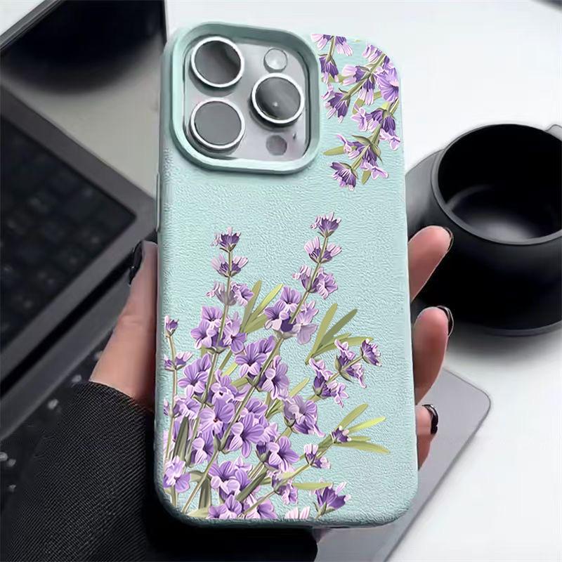 Matte Leather Texture Shockproof Phone Case For iPhone 16 Pro Max 15 14 Pro 13 12 11 Purple Flower Pattern Slim TPU Soft Bumper Cover