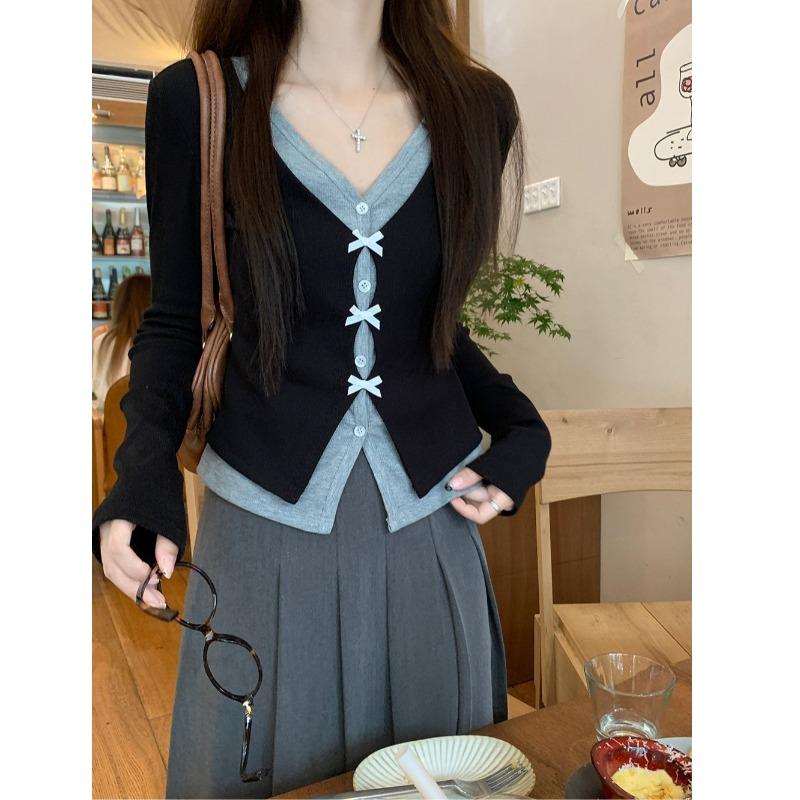 

Spring Autumn V-neck Fake Two Pieces Bow T-shirt Women Long Sleeve Sweet All-match Pullover Tee Top S чёрный
