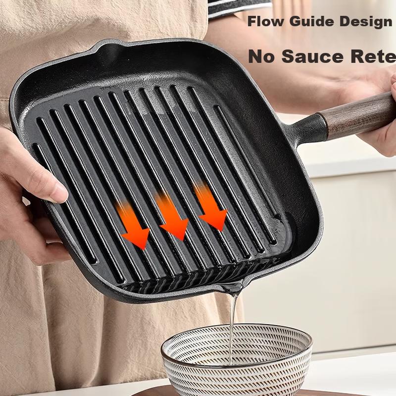 PAKCHOICE Steak Frying Pan Breakfast Cast Iron Skillet Non-Coated Flat Pan 23cm Compatible with Gas Stove and Induction Cooker