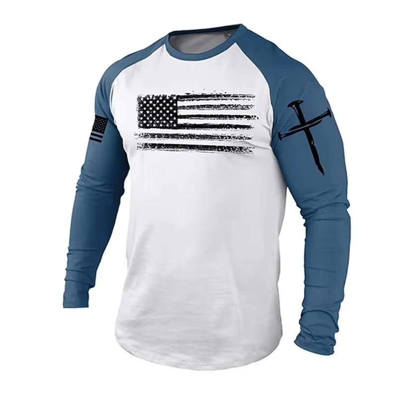 Men's Long sleeves T-shirts Gym 3D Print USA Flag Casual Round neck Tops