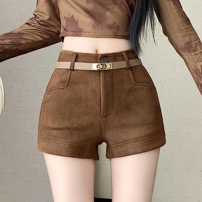 Women s Retro Black Suede Shorts Suit - High Waist, Slimming A-line Bootcut, Autumn/Winter. S
