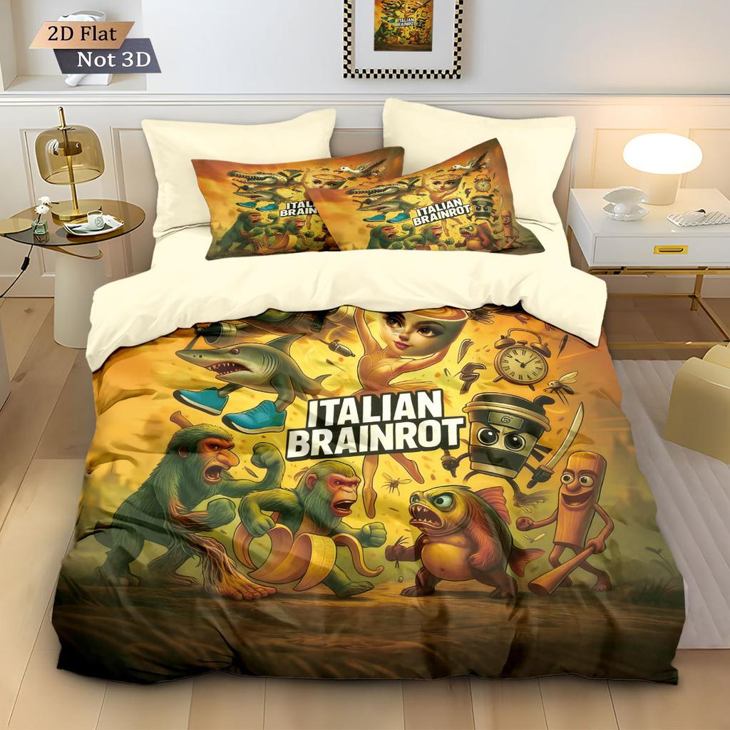 ai Brainrot Tung Tung Sahur Bedding Set Cartoon Bedroom Decoratio Duvet Cover Pillowcase Children and adults holiday gifts