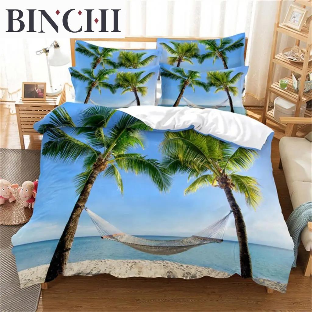 Beach Coconut 3D Tree Duvet Cover Ocean Beach Plants Bedding Collection Comforter Cover Collection For Boy Girls Bedroom Decor Bedding Collections